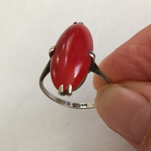 Japanese antique faux red coral silver ring - Picture 2 of 14